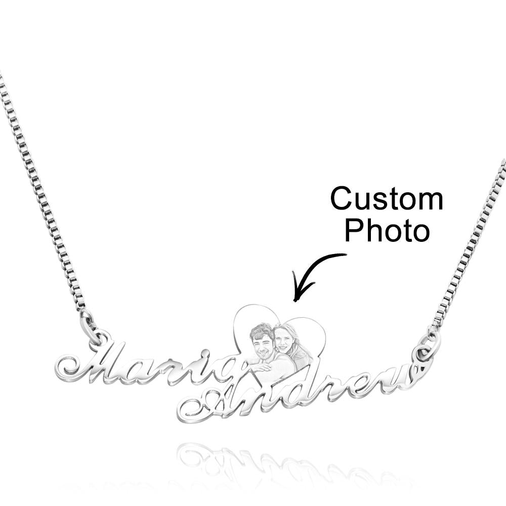 Engraved Heart Photo With Names - Personalized Couple Engraved Heart Photo Necklace