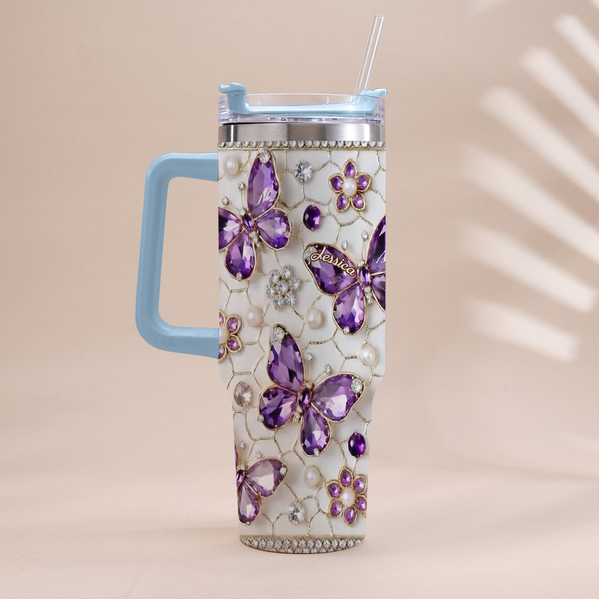 Love Butterflies - Personalized Butterfly Tumbler With Handle