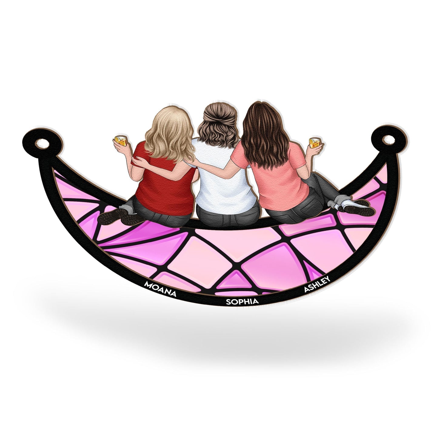 Back View Girls on Moon – Custom Friendship Ornament with Names and Outfits