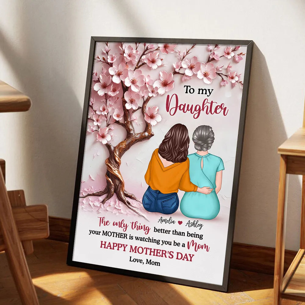 Personalized Mother & Daughter Hugging Under Cherry Blossom Tree Poster – Unframed Poster or Canvas for Mother's Day Gift