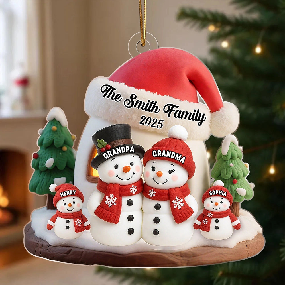 Snowman Family Ornament - Personalized Acrylic, Cozy Winter Scene, Unique Christmas Gift for Grandparents or Parents