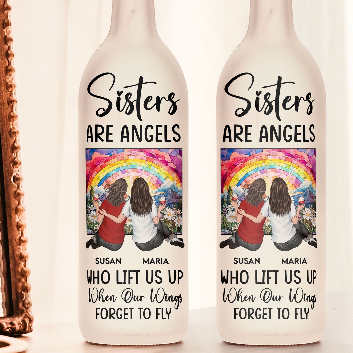 Bottle Lamp Sisters Are Angels design – warm decorative light with soft glow, meaningful home décor for shared memories, gift-ready for best friends and sisters