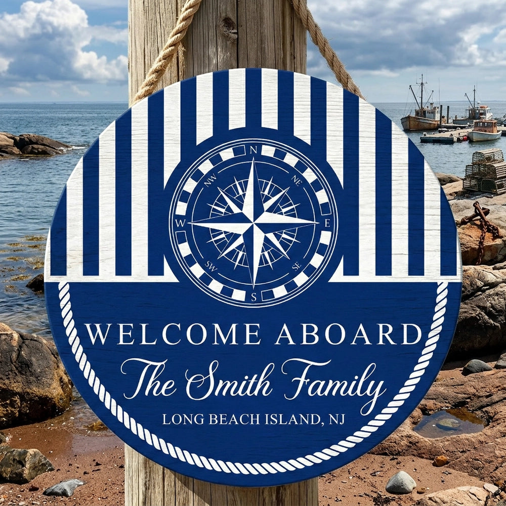 Personalized Welcome Aboard Wooden Sign With Nautical Compass And Stripes, Unique Coastal Gift For Families