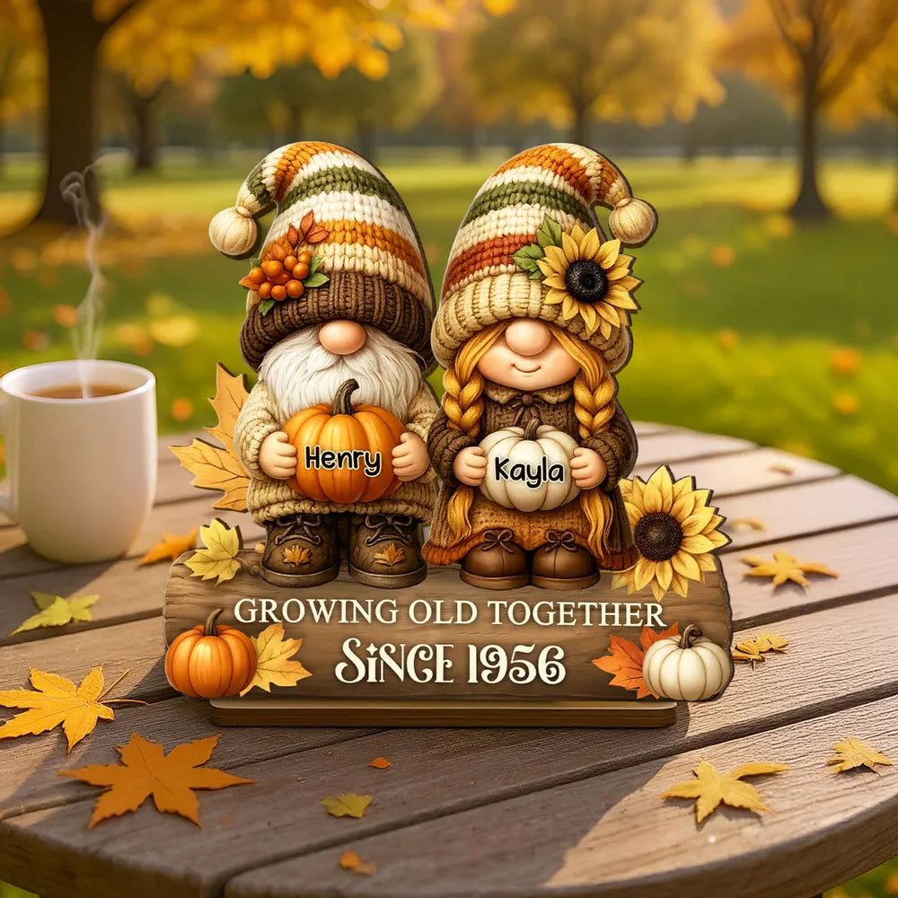 Gnome Couple Wooden Plaque, Customizable Fall Pumpkins and Sunflowers, Romantic Keepsake for Home, Unique Couple Gift