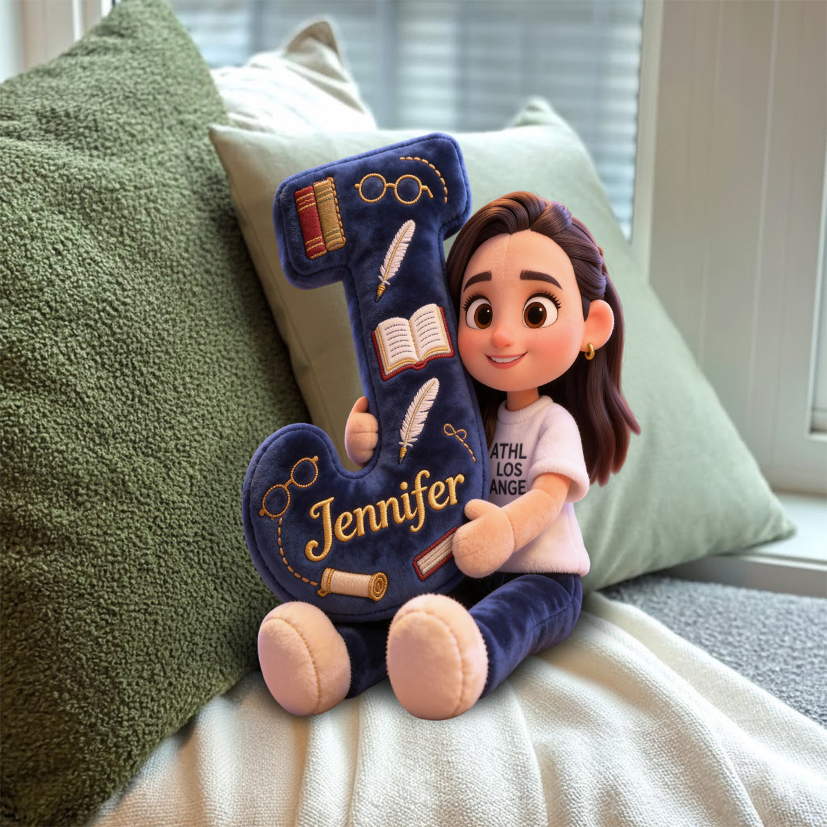 Cozy Alphabet Library - Personalized Book Faux Fur Shaped Pillow