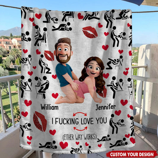 I Love You Personalized Fleece Blanket with Cute Couple Illustration, Lips and Hearts - Funny Sweet Gift for Partners