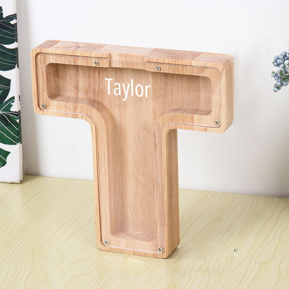 Custom Initial And Name - Personalized Letter And Name Light Wooden Piggy Bank