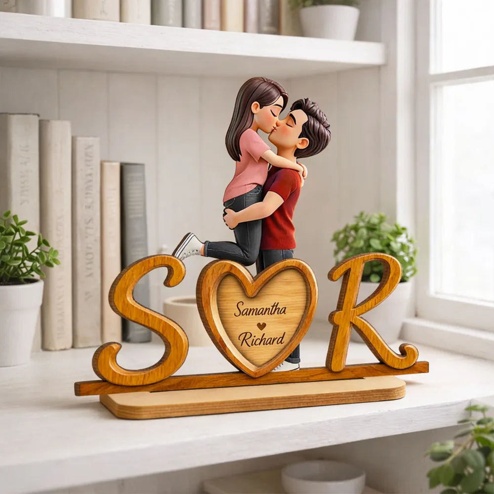 Personalized 2-Layer Wooden Plaque with Couple Kissing and Initials Heart for Desk Decor, Unique Romantic Gift for Her or Him