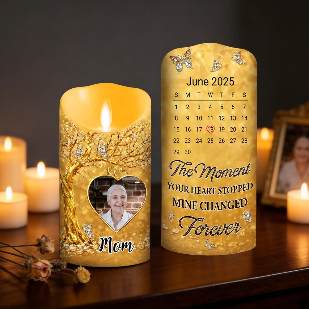Personalized Flameless LED Candle with Photo Calendar Heart Date Warm Glow Memorial Keepsake Unique Gift for Mom