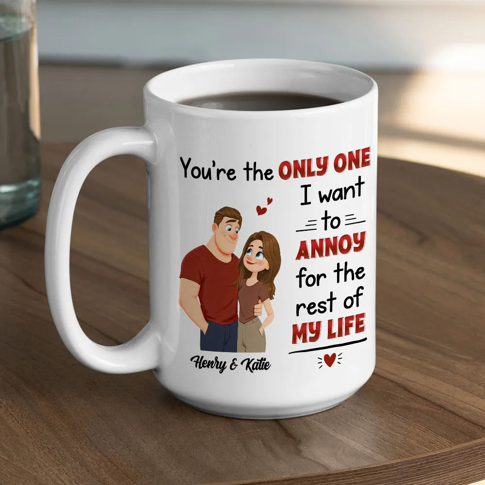 Personalized White Ceramic Mug with Cute Couple Illustration Funny Annoying Love Quote Unique Gift for Couples