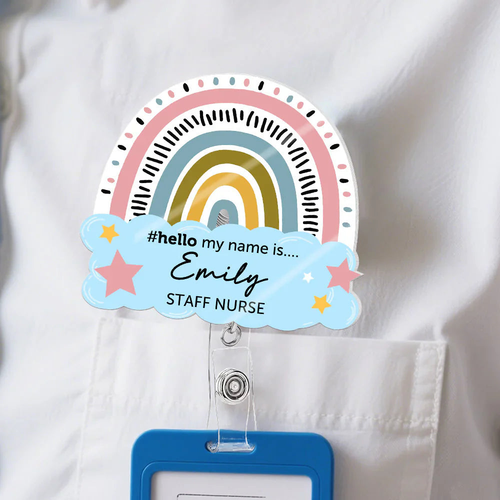 Hello My Name Is Acrylic Badge Reel With Rainbow And Stars - Personalized Nurse Gift For Workdays