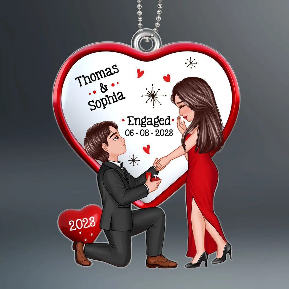 Personalized Engagement Proposal Acrylic Ornament, Kneeling Couple Heart Design, Unique Keepsake Gift for Couples