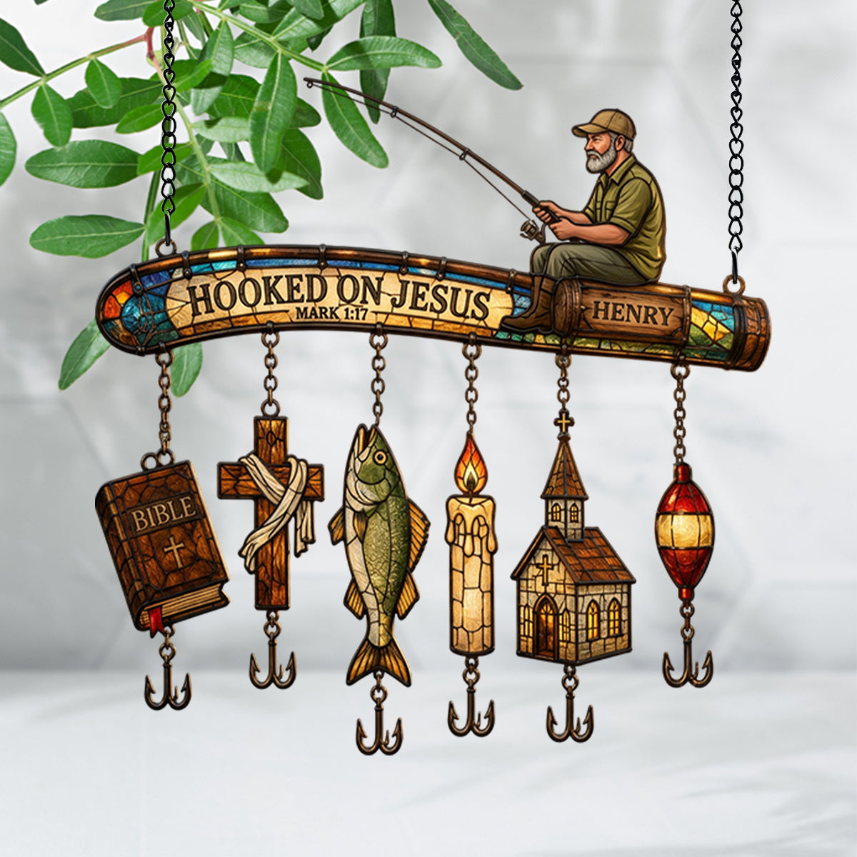 Hooked On God - Personalized Fishing Window Hanging Suncatcher With Custom Charms
