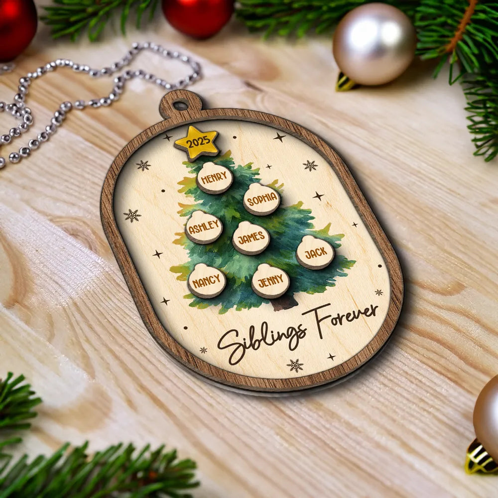 Personalized 2-Layer Wooden Ornament for Siblings Christmas Tree Decor, Custom Family Names Keepsake Gift