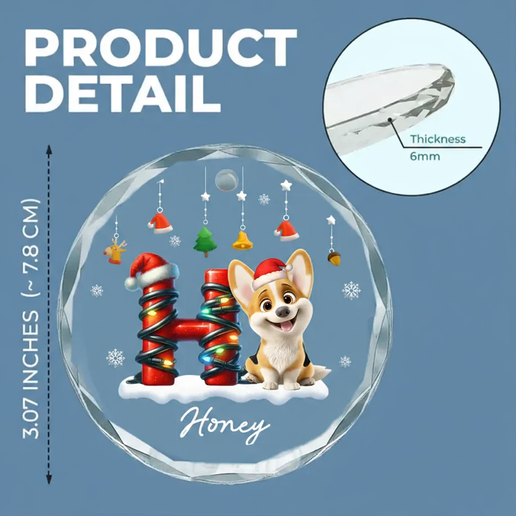 Crystal Ornament - Cute Puppy in Santa Hat, Snowflakes, Personalized Christmas decor, unique gift for dog lovers