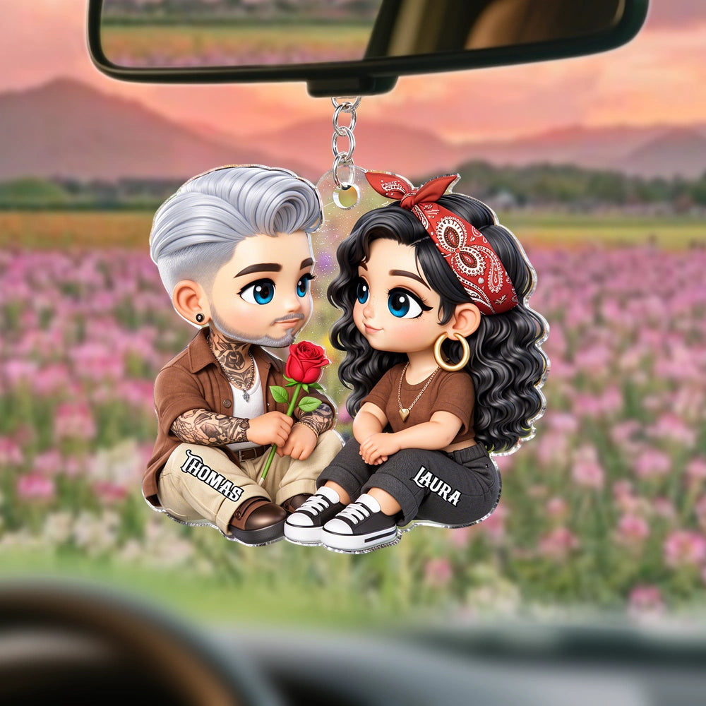 Personalized Couple Acrylic Car Hanger with Rose, Sweet Valentine’s Day Gift, Cozy Cute Rearview Mirror Keepsake