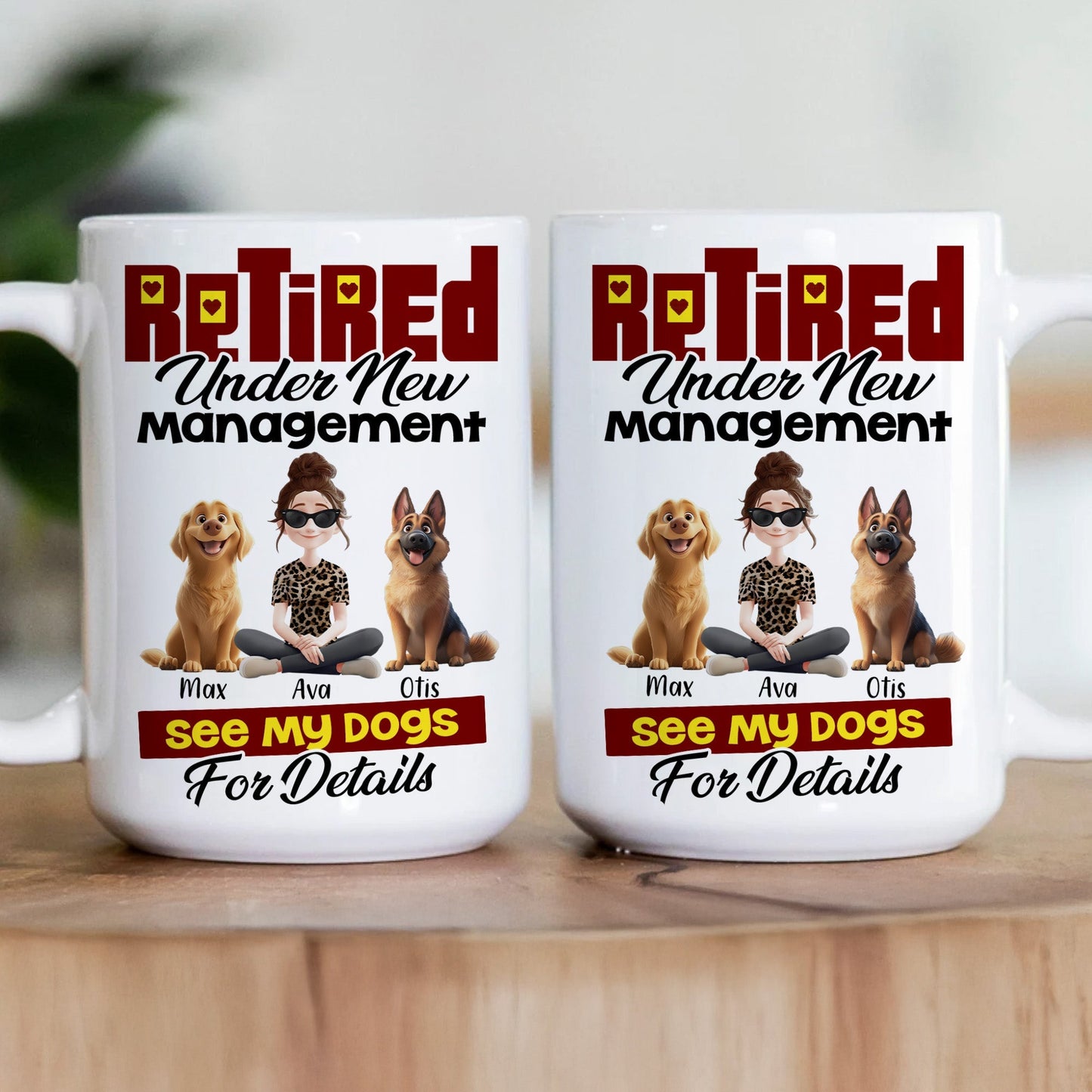 Custom Dog Lover Mug - Retirement-Themed Personalized Cup Featuring Pets and Owner, Funny Gift for Dog Moms & Dads
