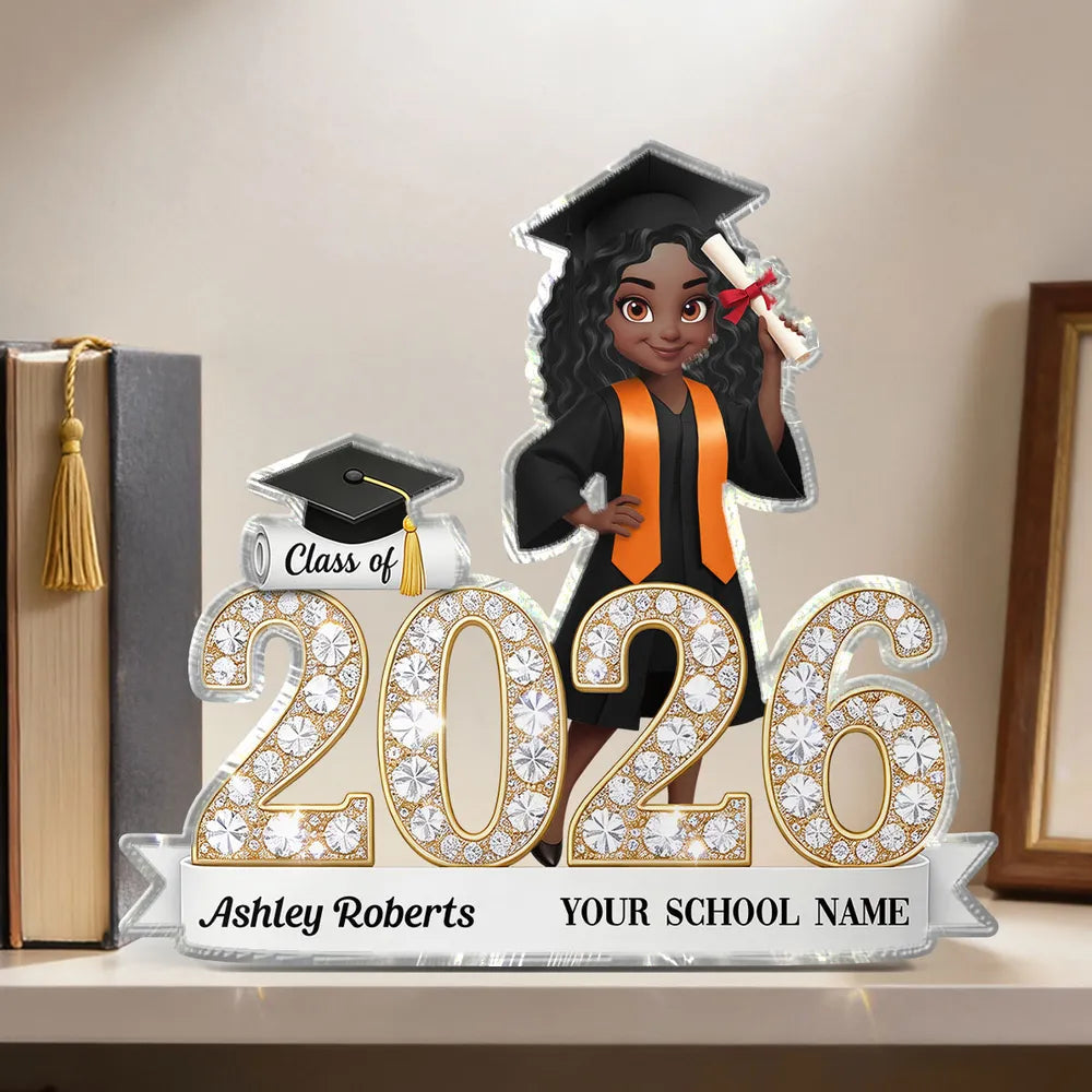 Shaped Acrylic Block Plaque Sparkly Class Of Grad Girl Holding Diploma Desk Decor - Unique Graduation Gift
