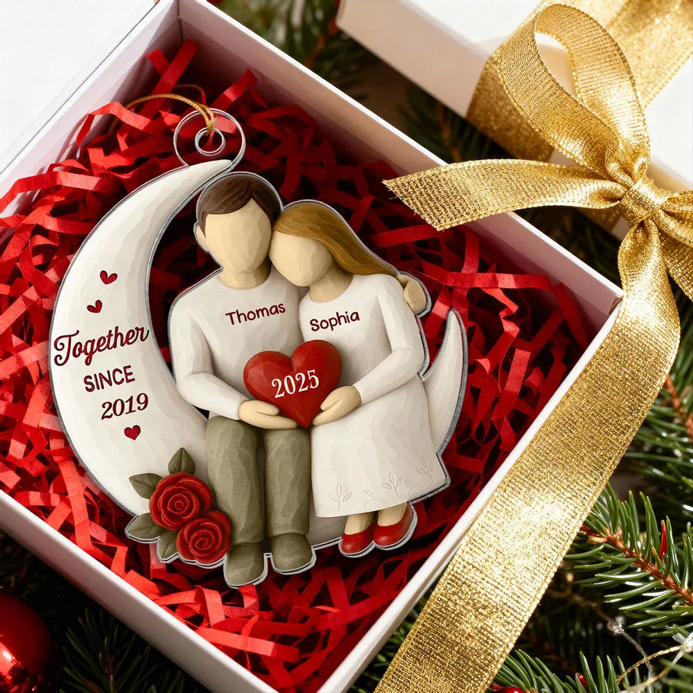 Acrylic Ornament with Crescent Moon Couple & Roses, Romantic Quote, Christmas Keepsake, Unique Gift for Couples