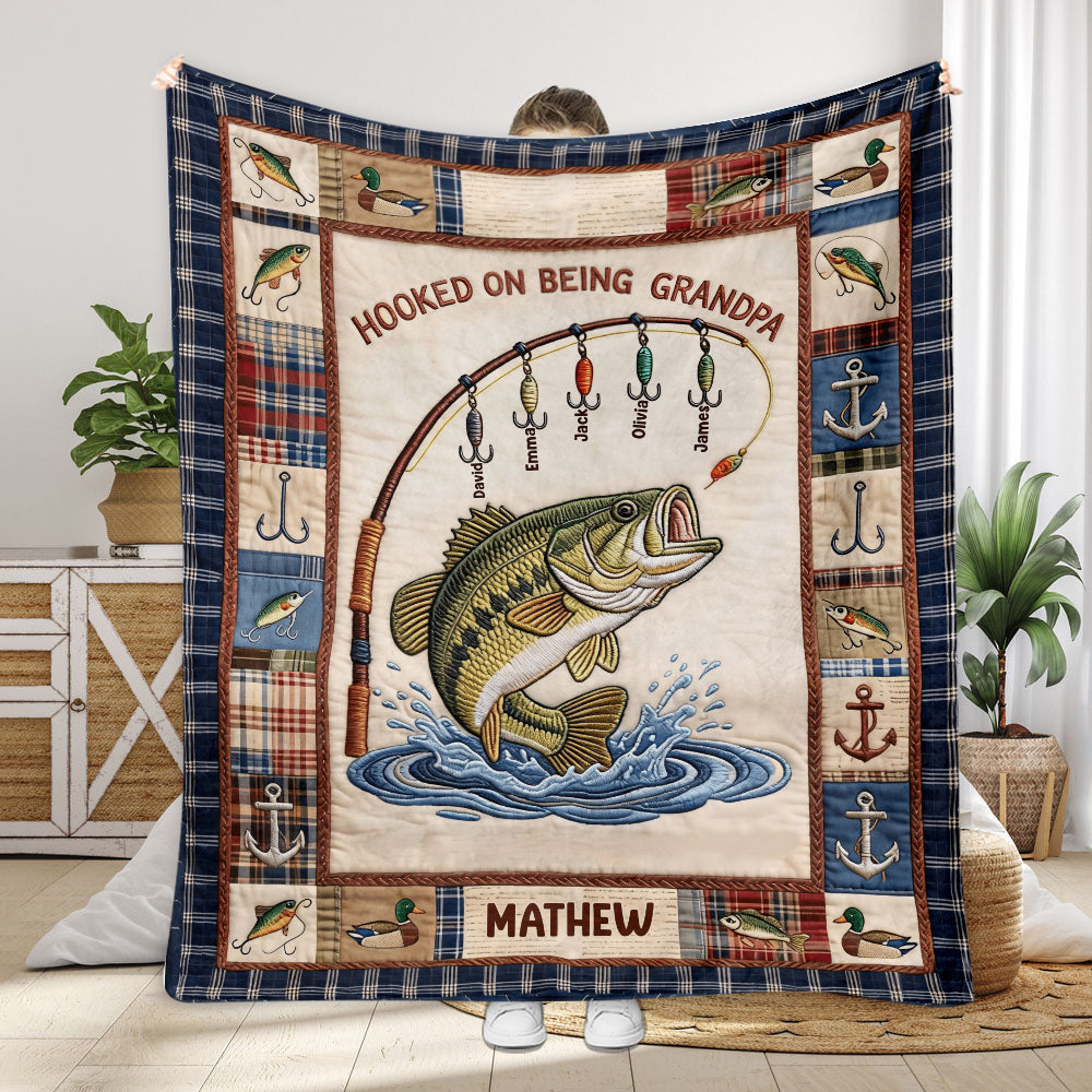 Hooked On Being Grandpa - Personalized Fishing Blanket