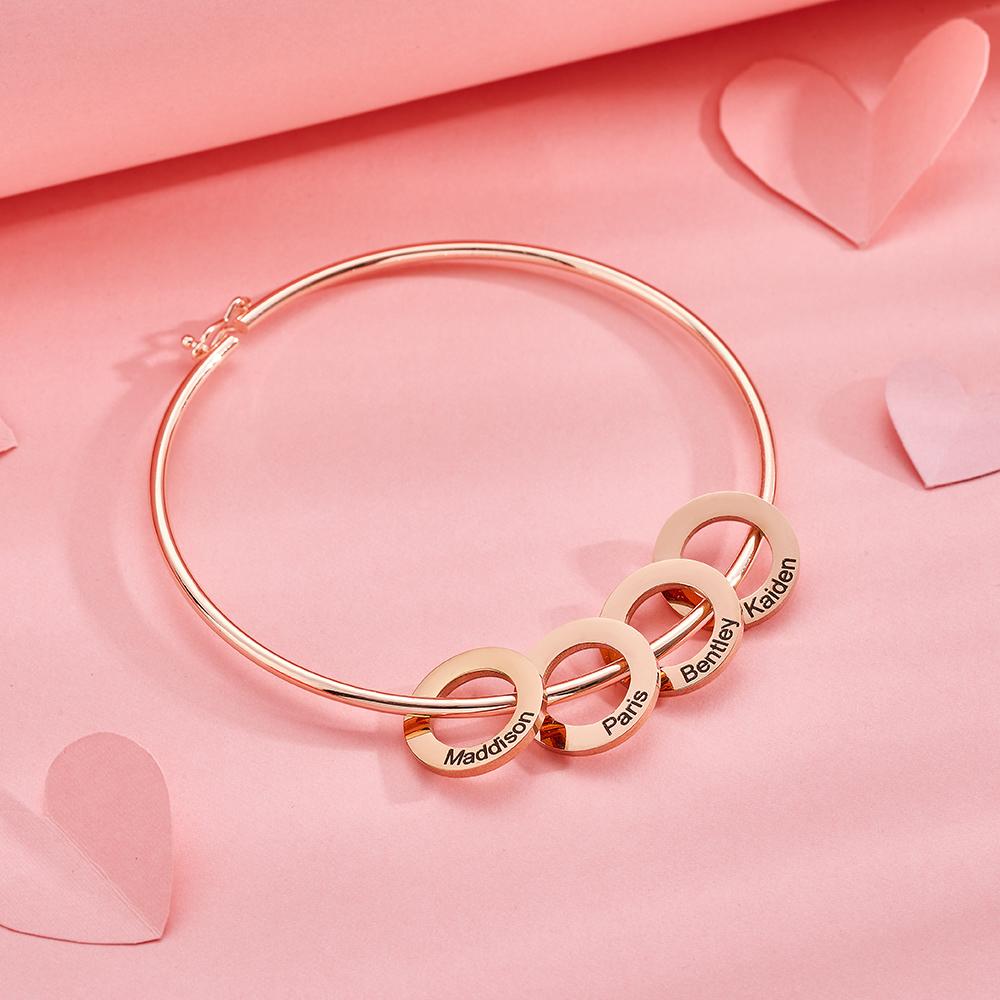 Any Name - Personalized Family Bangle Bracelet with Heart/Round Pendants