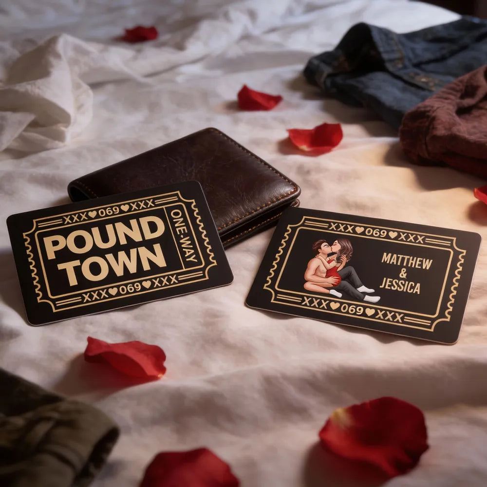 Personalized Pound Town Ticket Metal Wallet Card, Funny Couple Gift for Boyfriend or Husband, Slim Modern Keepsake