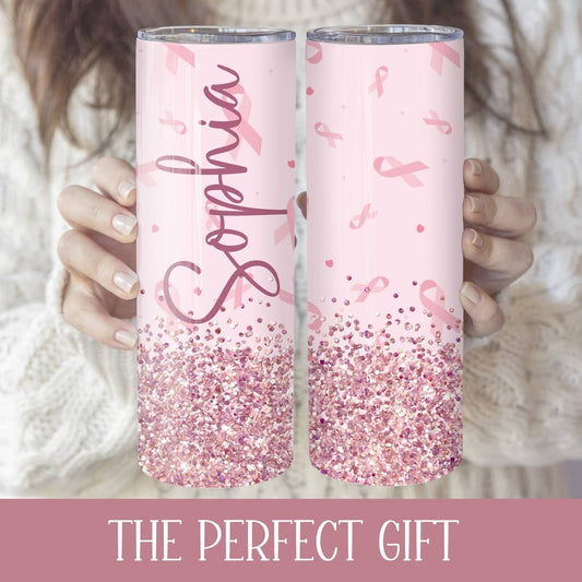 Breast Cancer Gifts, Breast Cancer Tumbler - Personalized Breast Cancer Awareness Skinny Tumbler 0924