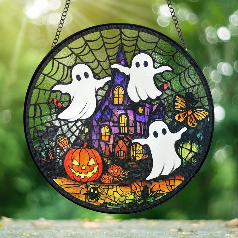 Spooky Ghost Stained Glass Suncatcher For Halloween Decor Halloween Window Hanging Suncatcher Ornamentg 0924