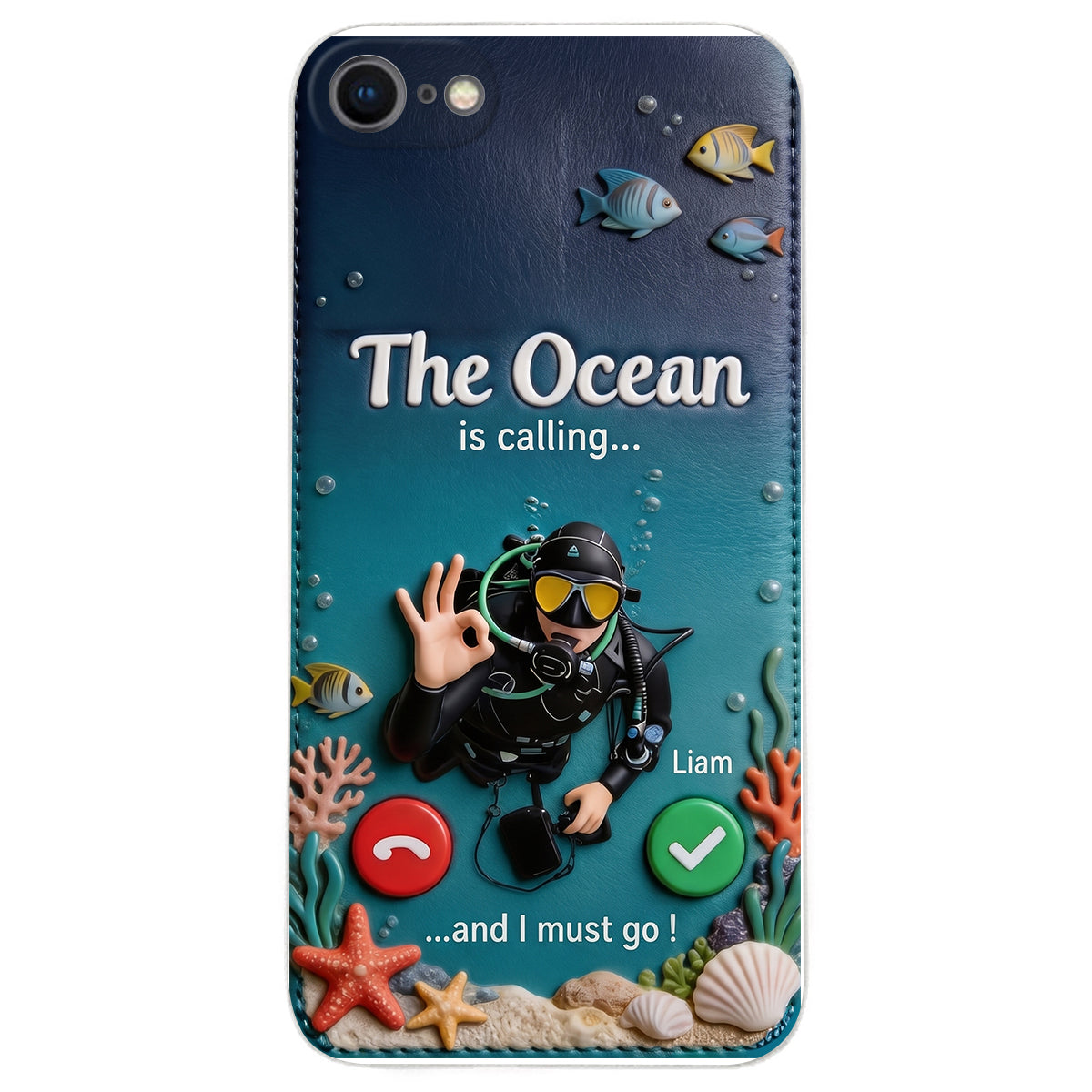 Tropical Sea Life - Personalized Scuba Diving 3D Embossed Leather Phone Case