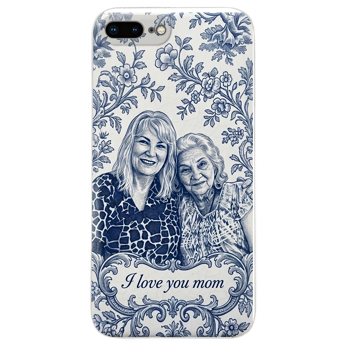 Mother Gift Idea, Blue Toile De Jouy Pattern - Personalized Mother 3D Embossed Leather Phone Case
