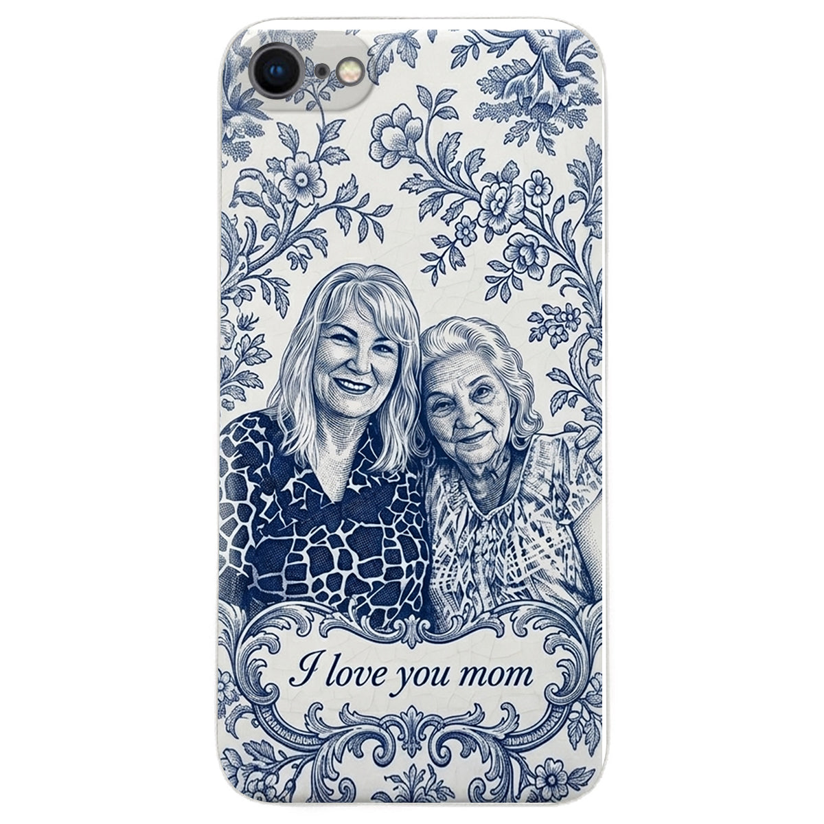 Mother Gift Idea, Blue Toile De Jouy Pattern - Personalized Mother 3D Embossed Leather Phone Case
