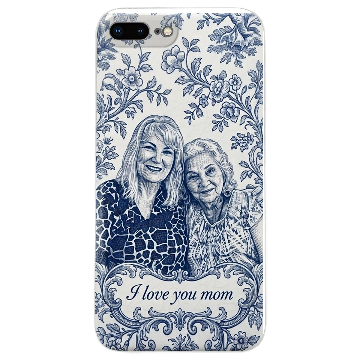 Mother Gift Idea, Blue Toile De Jouy Pattern - Personalized Mother 3D Embossed Leather Phone Case