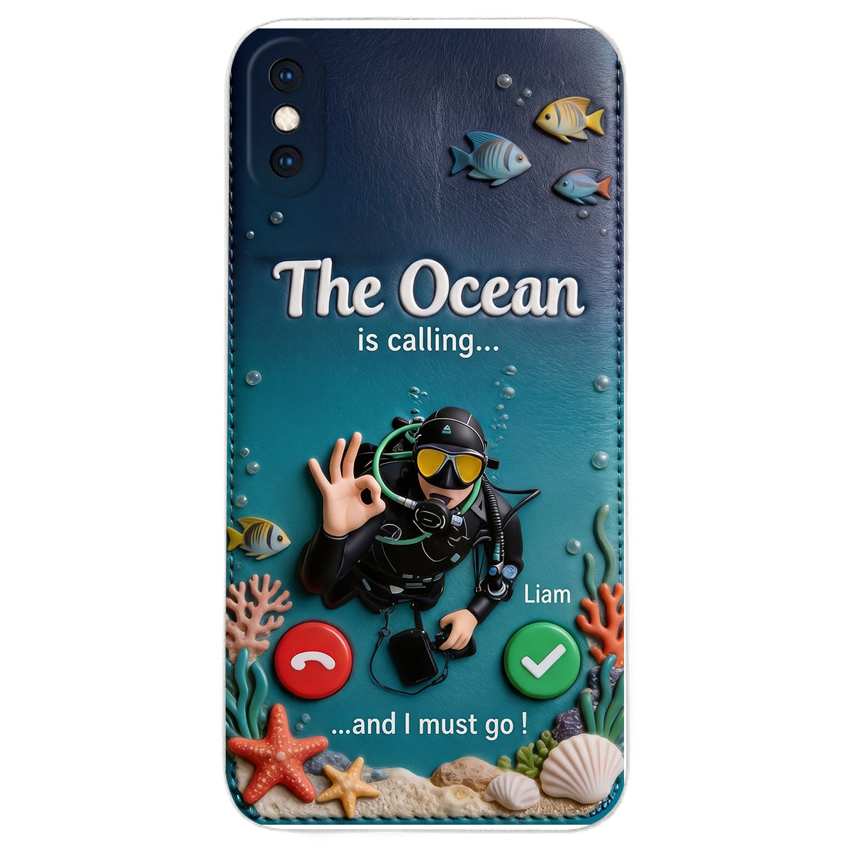 Tropical Sea Life - Personalized Scuba Diving 3D Embossed Leather Phone Case