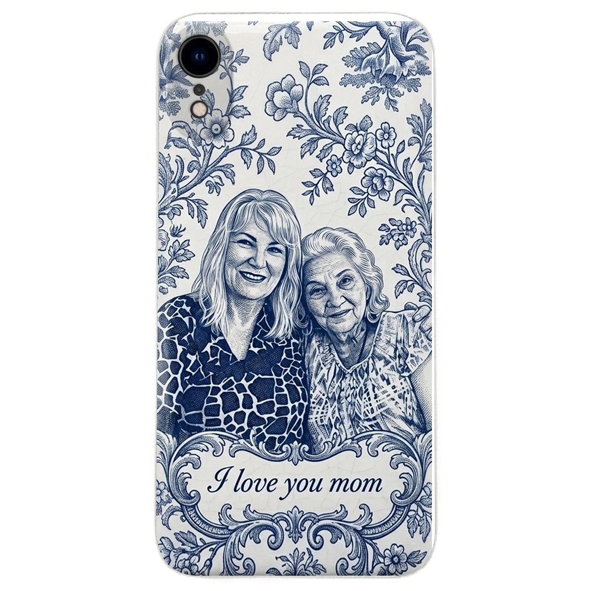 Mother Gift Idea, Blue Toile De Jouy Pattern - Personalized Mother 3D Embossed Leather Phone Case