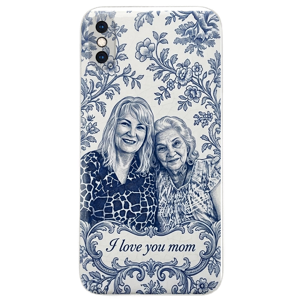 Mother Gift Idea, Blue Toile De Jouy Pattern - Personalized Mother 3D Embossed Leather Phone Case