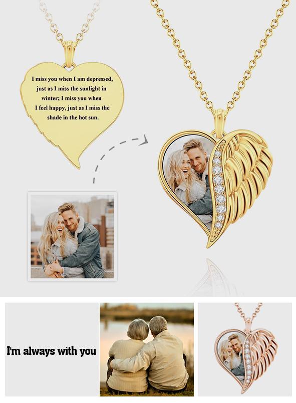 Personalized Photo Engraved Wings Heart Charm