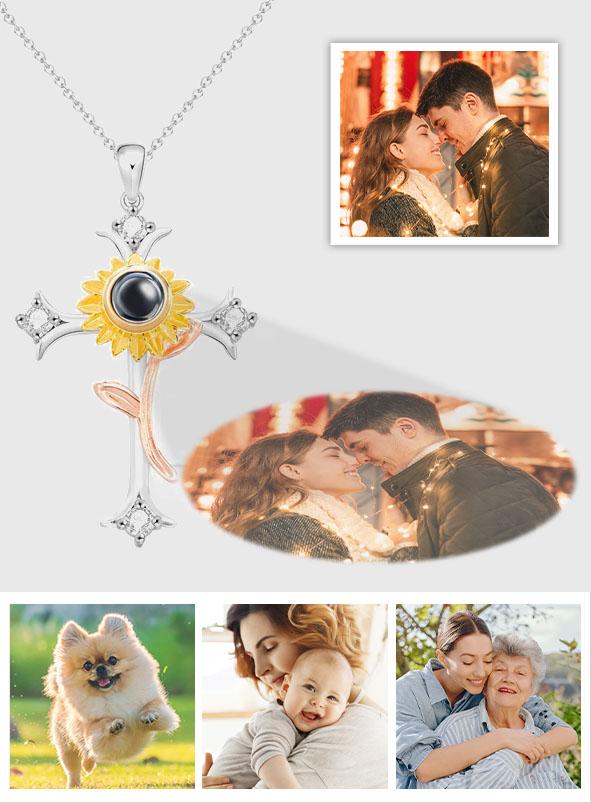 Sunflower - Personalized Cross Flower Photo Projection Necklace