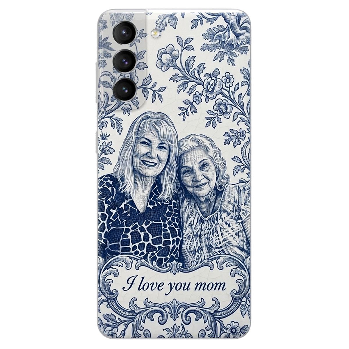Mother Gift Idea, Blue Toile De Jouy Pattern - Personalized Mother 3D Embossed Leather Phone Case