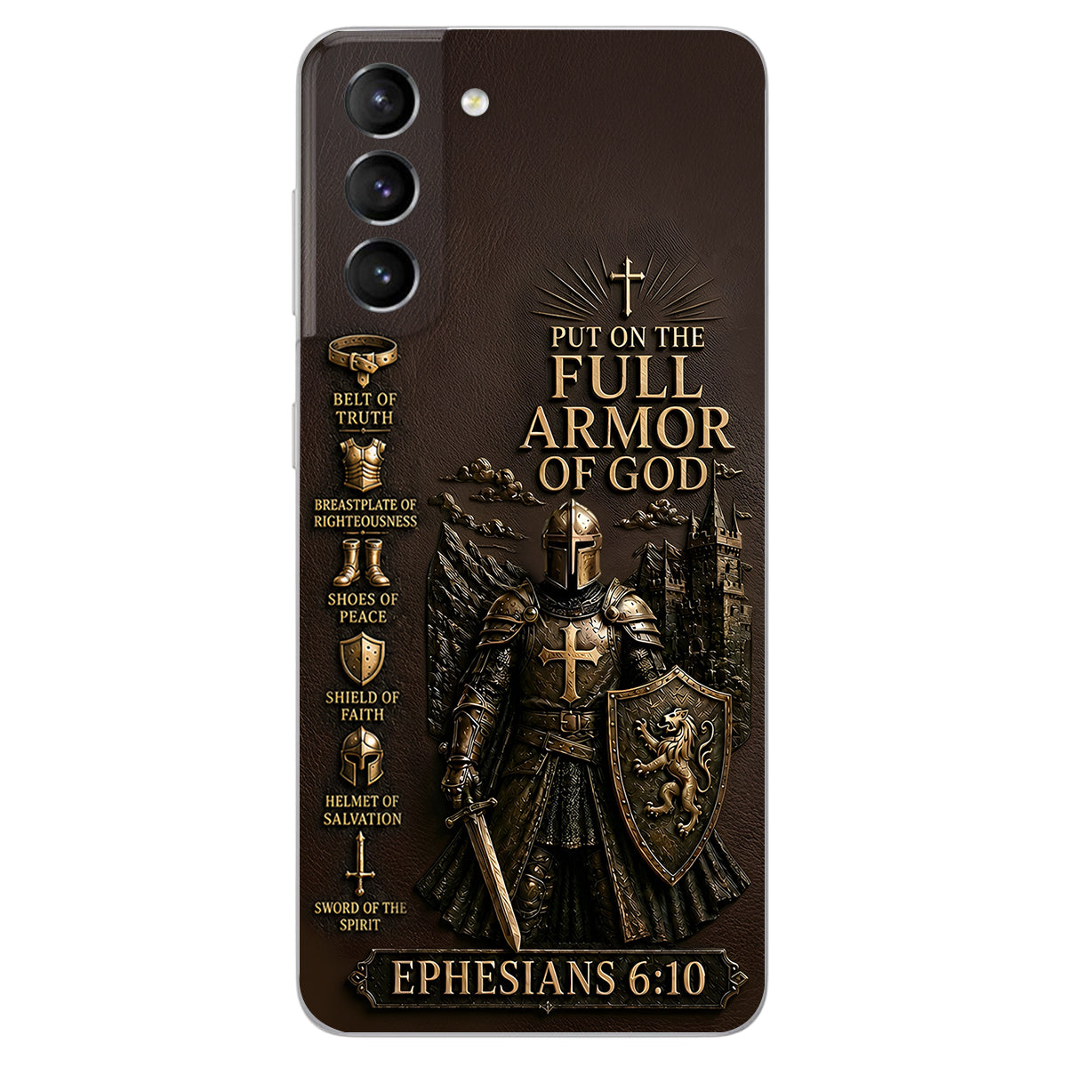 Put On The Full Amor Of God, Gift for Christians - Personalized Christian 3D Embossed Leather Phone Case
