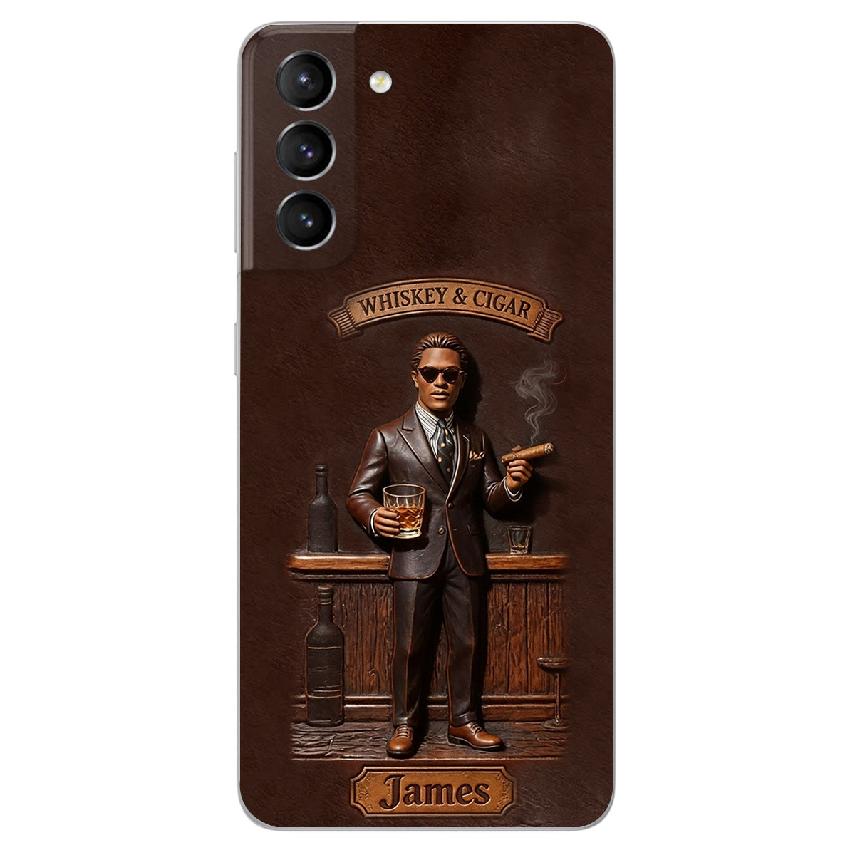 Whiskey And Cigar - Personalized Whisky 3D Embossed Leather Phone Case