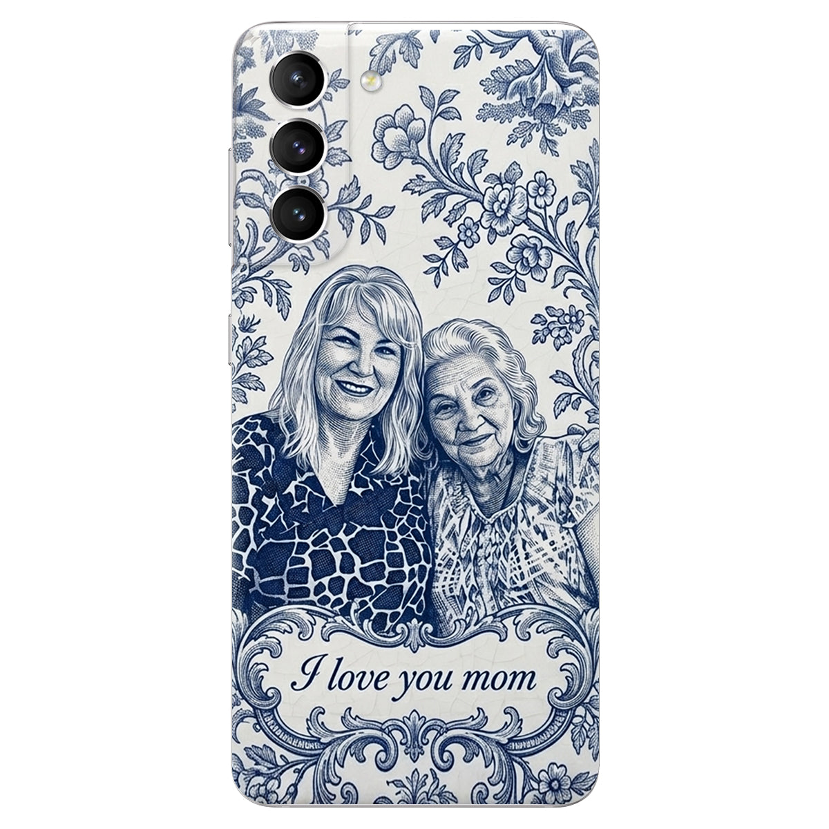 Mother Gift Idea, Blue Toile De Jouy Pattern - Personalized Mother 3D Embossed Leather Phone Case