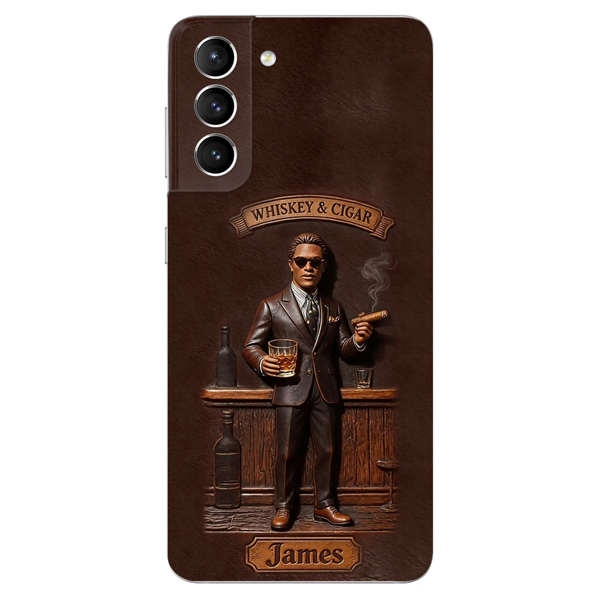Whiskey And Cigar - Personalized Whisky 3D Embossed Leather Phone Case
