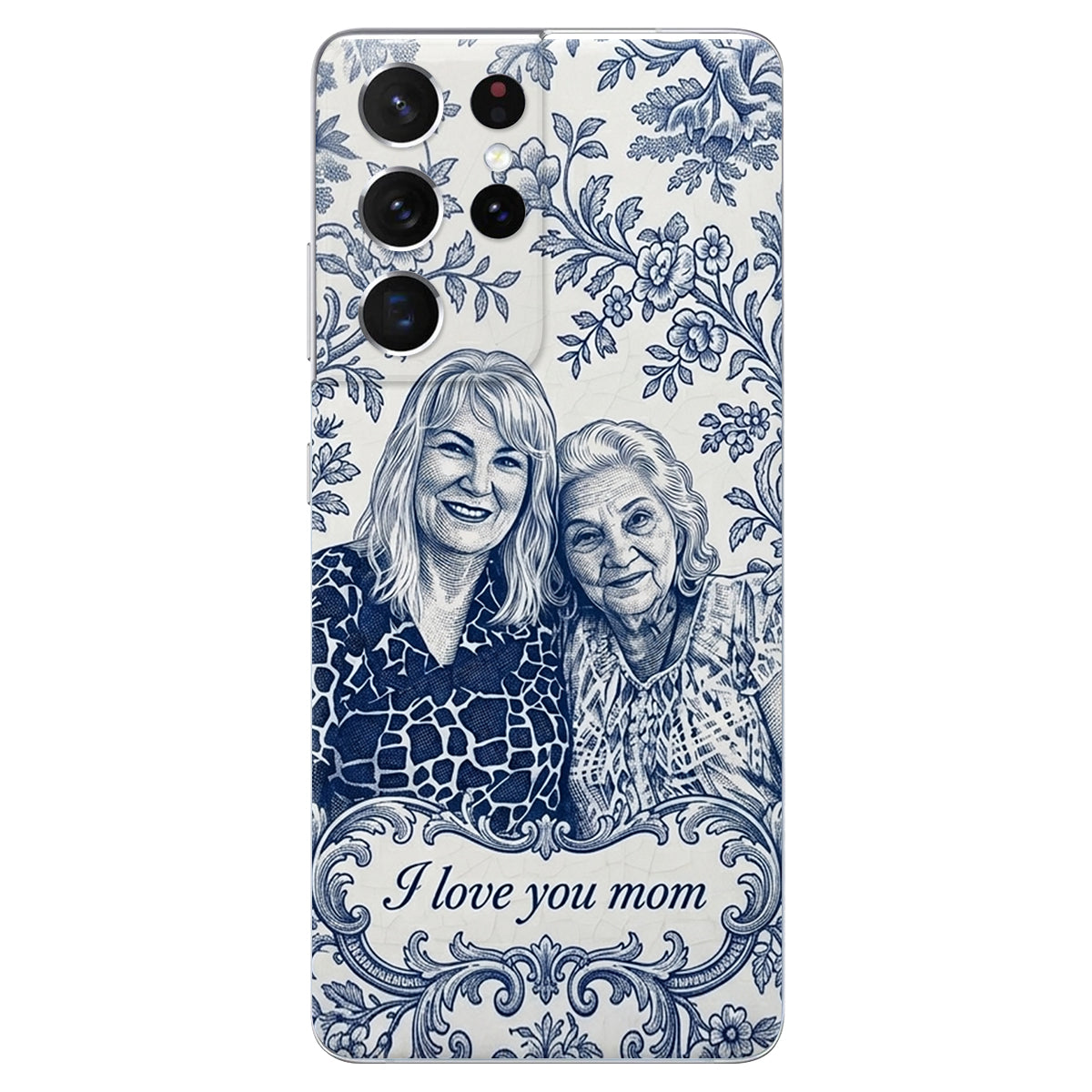 Mother Gift Idea, Blue Toile De Jouy Pattern - Personalized Mother 3D Embossed Leather Phone Case