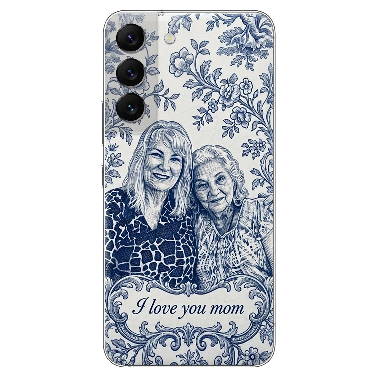 Mother Gift Idea, Blue Toile De Jouy Pattern - Personalized Mother 3D Embossed Leather Phone Case
