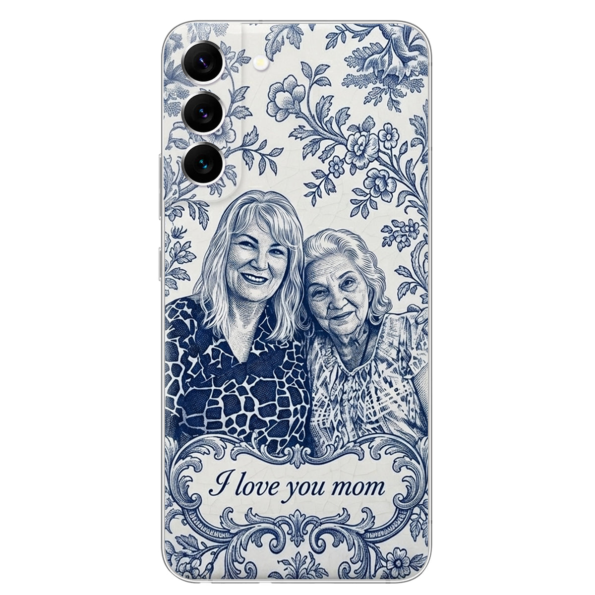 Mother Gift Idea, Blue Toile De Jouy Pattern - Personalized Mother 3D Embossed Leather Phone Case