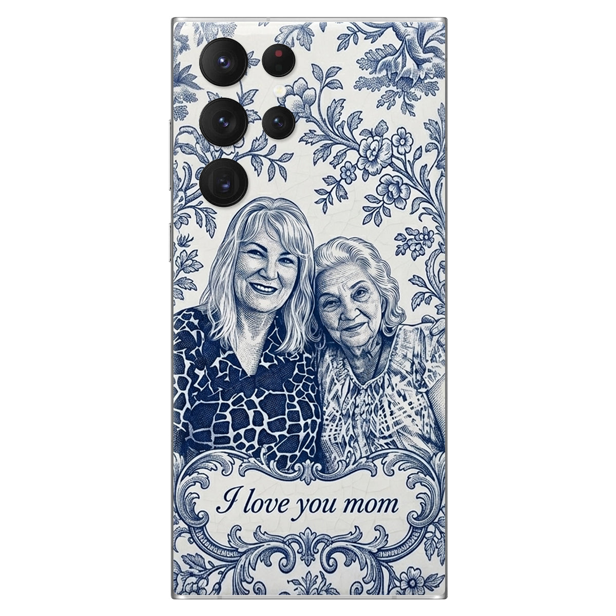 Mother Gift Idea, Blue Toile De Jouy Pattern - Personalized Mother 3D Embossed Leather Phone Case