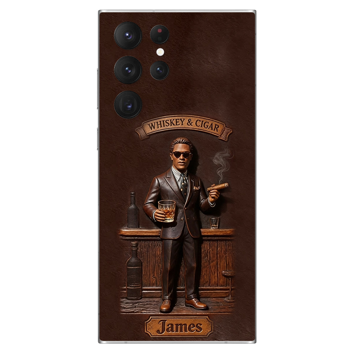 Whiskey And Cigar - Personalized Whisky 3D Embossed Leather Phone Case