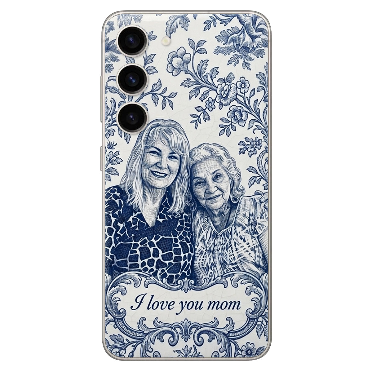 Mother Gift Idea, Blue Toile De Jouy Pattern - Personalized Mother 3D Embossed Leather Phone Case