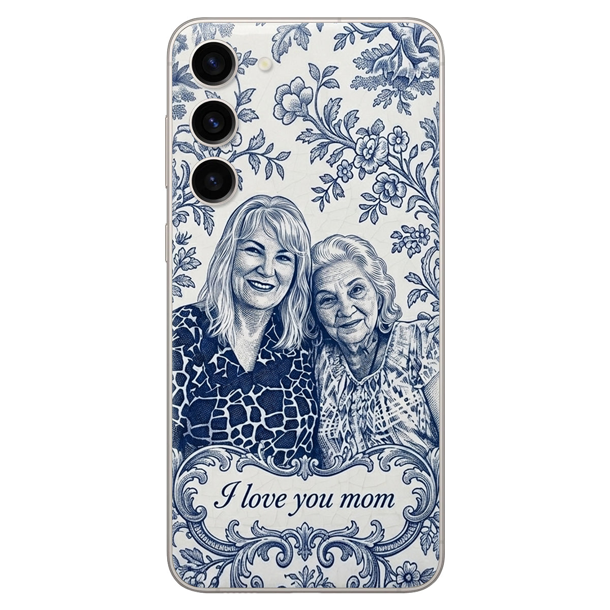 Mother Gift Idea, Blue Toile De Jouy Pattern - Personalized Mother 3D Embossed Leather Phone Case